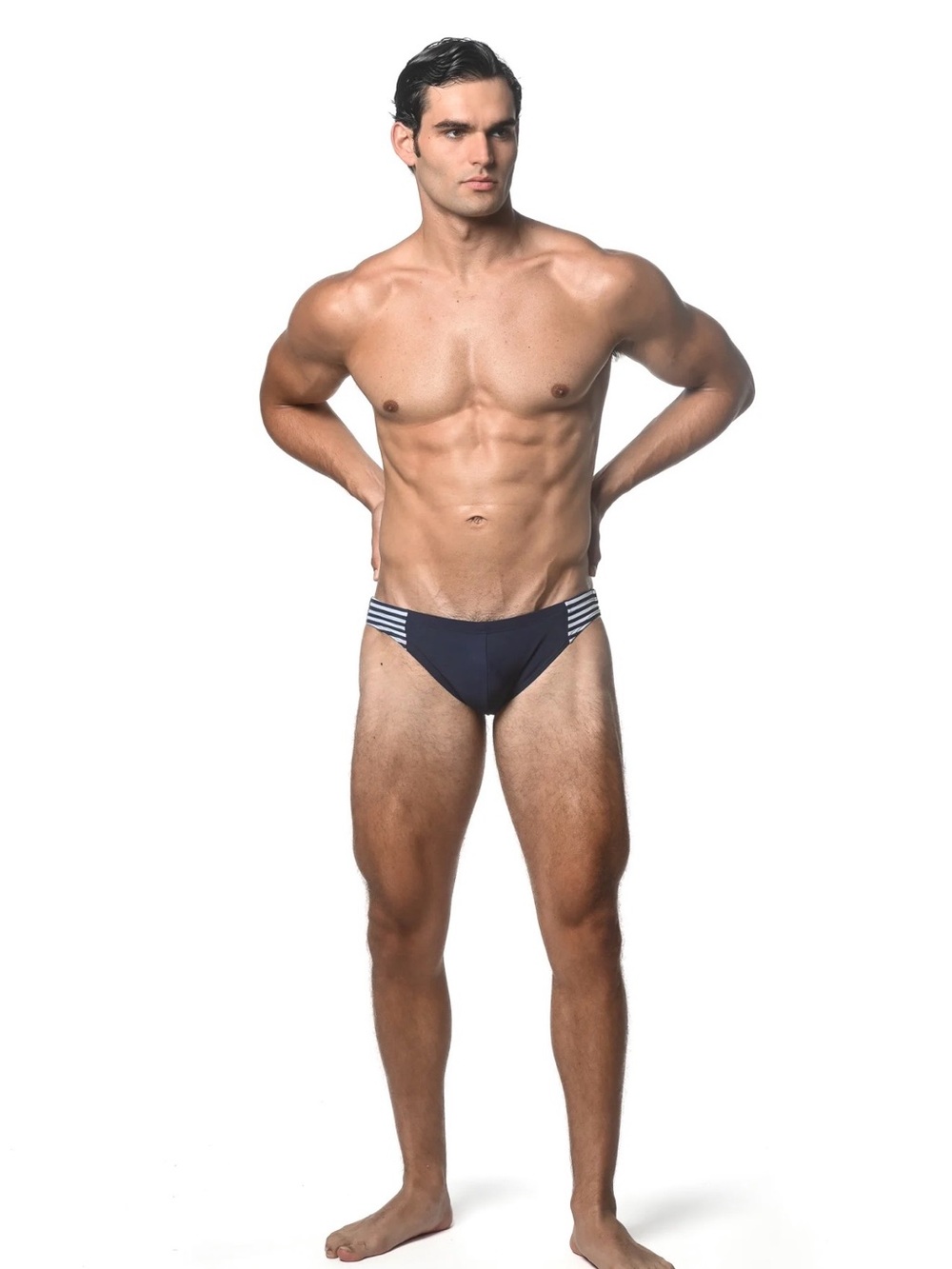 ST33LE Men's Navy Blue Brief Swimwear with White Stripe Accents
